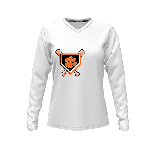 [CUS-DFW-TEES-CMF-VNK-LSL-WHT-FYXS-LOGO3] Decker Comfort T-Shirt (Female Youth XS, White, V Neck, Logo 3, Long Sleeve)