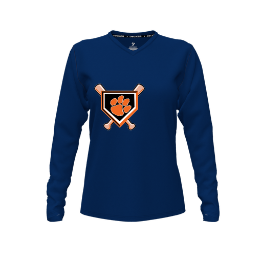 [CUS-DFW-TEES-CMF-VNK-LSL-NVY-FYXS-LOGO3] Decker Comfort T-Shirt (Female Youth XS, Navy, V Neck, Logo 3, Long Sleeve)
