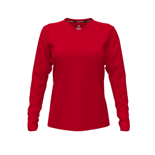 [CUS-DFW-TEES-PER-VNK-LSL-RED-FYXS] Decker Performance T-Shirt (Female Youth XS, Red, V Neck, None, Long Sleeve)