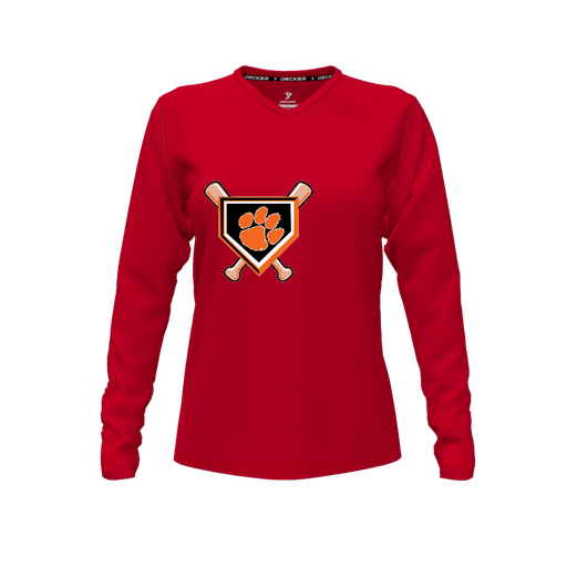 [CUS-DFW-TEES-PER-VNK-LSL-RED-FYXS-LOGO3] Decker Performance T-Shirt (Female Youth XS, Red, V Neck, Logo 3, Long Sleeve)