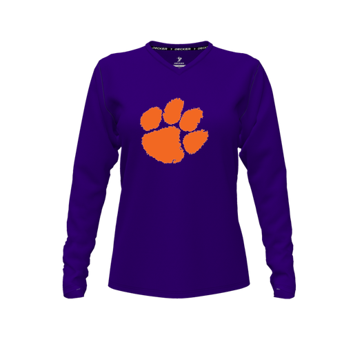 [CUS-DFW-TEES-PER-VNK-LSL-PUR-FYXS-LOGO1] Decker Performance T-Shirt (Female Youth XS, Purple, V Neck, Logo 1, Long Sleeve)